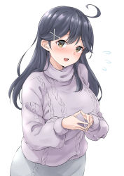 Rule 34 | 1girl, ahoge, aran sweater, black hair, breasts, brown eyes, cable knit, commentary request, fingers together, flying sweatdrops, grey skirt, hair ornament, hairclip, highres, kantai collection, large breasts, lavender sweater, long hair, looking at viewer, official alternate costume, simple background, skirt, solo, sweater, takomeshi, ushio (kancolle), white background