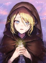 Rule 34 | 1girl, absurdres, blonde hair, blue eyes, brown cloak, cloak, commentary request, crying, crying with eyes open, highres, holding, hood, hood up, hooded cloak, kagamine rin, looking at viewer, messy hair, parted lips, pipi, purple background, regret message (vocaloid), riliane lucifen d&#039;autriche, scar, scar on face, short hair, solo, tears, upper body, vocaloid
