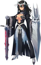 Rule 34 | 1girl, aquaplus, armor, armored dress, bou (inubou), breasts, center opening, cleavage, dark-skinned female, dark skin, detached sleeves, dungeon travelers 2, full body, grisherina efleanor, hair ornament, highres, long hair, looking at viewer, shield, solo, standing, sword, thighhighs, transparent background, weapon, wide sleeves