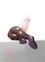 Rule 34 | 1girl, absurdres, ass, ass focus, black footwear, black pantyhose, chun&#039;ai zhanshen milili, cleft of venus, closed mouth, dated, hair between eyes, high heels, highres, long hair, looking at viewer, looking back, original, pantyhose, purple eyes, pussy, shoes, simple background, solo, thighs, torn clothes, torn pantyhose, white background, white hair