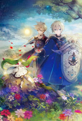 Rule 34 | 1girl, 2boys, bishounen, black thighhighs, blonde hair, blue eyes, blue flower, blue sky, blush, closed mouth, cloud, cloudy sky, cover, dress, fairy, fantasy, fingernails, flower, fur trim, grass, green eyes, green hair, grey eyes, hair between eyes, hihara you, holding, holding weapon, light rays, long hair, male focus, mountain, multiple boys, official art, open mouth, original, outdoors, petals, purple flower, red flower, rock, shield, sitting, sky, smile, sparkle, standing, sun, textless version, thighhighs, tree, weapon, white dress, white flower, white footwear, yellow flower