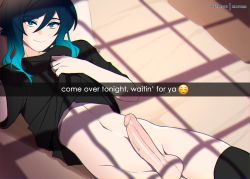 Rule 34 | 1boy, artist name, black hair, black shirt, black thighhighs, blue hair, closed mouth, commentary, english commentary, english text, erection, genshin impact, gradient hair, green eyes, highres, large penis, looking at viewer, lying, matemi, multicolored hair, navel, on back, penis, shirt, short hair with long locks, short sleeves, sidelocks, smile, solo, testicles, thighhighs, uncensored, veins, veiny penis, venti (genshin impact)
