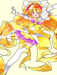 Rule 34 | 1girl, amanogawa kirara, bare shoulders, boots, brown hair, choker, cure twinkle, earrings, elbow gloves, gloves, go! princess precure, highres, jewelry, kyapinetzu, long hair, magical girl, multicolored hair, one eye closed, open mouth, orange hair, pink eyes, pointing, precure, smile, solo, star (symbol), star earrings, thigh boots, thighhighs, twintails, two-tone hair, white gloves, white thighhighs