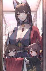 Rule 34 | 3girls, absurdres, akagi-chan (azur lane), amagi-chan (azur lane), amagi (azur lane), animal ears, arms up, azur lane, bell, black kimono, blush, breast rest, breasts, breasts on head, brown hair, cleavage, eyeshadow, floral print, fox ears, fox girl, fox tail, from side, girl sandwich, hair bell, hair between eyes, hair ornament, hairpin, highres, hug, indoors, japanese clothes, kimono, kitsune, large breasts, long hair, looking at viewer, makeup, medium hair, multiple girls, multiple tails, no bra, open mouth, orange eyes, purple eyes, red eyeshadow, red kimono, samip, sandwiched, slit pupils, tail, very long hair, wide sleeves