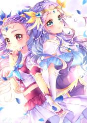 Rule 34 | 2girls, aqua eyes, blush, choker, color connection, commentary request, cure earth, detached sleeves, dress, earrings, eyelashes, fuurin asumi, hair ornament, happy, healin&#039; good precure, highres, holding hands, in-franchise crossover, jewelry, looking at viewer, magical girl, milk (yes! precure 5), milky rose, mimino kurumi, multiple girls, petals, precure, purple dress, purple eyes, smile, standing, touki matsuri, yes! precure 5, yes! precure 5 gogo!