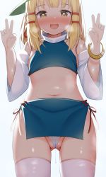 Rule 34 | 1girl, arms up, bangle, blonde hair, blunt bangs, blush, bracelet, brown headwear, commentary request, crotch seam, detached sleeves, double v, flat chest, hair ribbon, heart, heart-shaped pupils, jewelry, midriff, moriya suwako, navel, open mouth, panties, piyodesu, puprle skirt, pussy juice, pussy juice drip through clothes, pyonta, red ribbon, ribbon, sidelocks, simple background, solo, standing, stomach, sweat, symbol-shaped pupils, thighhighs, thighs, touhou, underwear, v, white background, white panties, white sleeves, white thighhighs, wide sleeves, yellow eyes