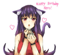 Rule 34 | 1girl, animal ears, bare shoulders, black nails, blowing kiss, blush, breasts, cat ears, cat tail, duel masters, enki (artist), enki (dragonfire), happy birthday, heart, kemonomimi mode, large breasts, long hair, looking at viewer, nail polish, purple hair, red eyes, simple background, sketch, solo, tail, tasogare mimi, white background, wristband