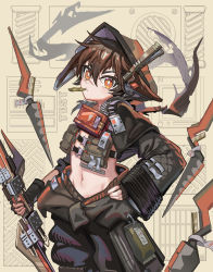 Rule 34 | 1boy, absurdres, animal ears, arknights, ayerscarpe (arknights), ayerscarpe (tested one) (arknights), beige background, black pants, brown eyes, brown hair, chinese commentary, commentary request, cowboy shot, hair between eyes, highres, holding, holding weapon, hood, long sleeves, looking at viewer, male focus, midriff, mouth hold, navel, official alternate costume, pants, rabbit ears, short hair, solo, standing, stomach, weapon, whinghope, wide sleeves