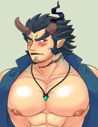 Rule 34 | 1boy, abs, bara, bare pectorals, blue hair, blush, broken horn, dark blue hair, demon boy, demon horns, denim, facial hair, fang, fang out, fiery horns, highres, horns, jewelry, large pectorals, looking at viewer, male focus, mature male, muscular, muscular male, necklace, nipples, one eye closed, pectoral focus, pectorals, scar, scar on neck, short hair, shy, sideburns, sleeveless, solo, stubble, sweatdrop, takemaru (housamo), thick eyebrows, tokyo houkago summoners, uden (udeden odon), upper body