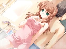 Rule 34 | 1boy, 1girl, back-to-back, breasts, dutch angle, game cg, green eyes, impossible towel, mixed-sex bathing, naked towel, reconquista, shared bathing, showering, towel, wet, yoshimori masaki