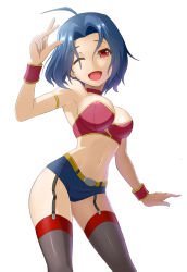 Rule 34 | 1girl, ;d, absurdres, ahoge, arm up, armlet, black thighhighs, blue hair, breasts, bustier, choker, garter straps, highres, idolmaster, idolmaster (classic), miura azusa, navel, one eye closed, open mouth, red eyes, short shorts, short sleeves, shorts, smile, solo, taka (takahirokun), thighhighs, white background, winks, wristband