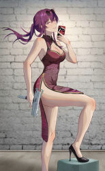 Rule 34 | 1girl, against wall, bare shoulders, breasts, cellphone, chilling, china dress, chinese clothes, cleavage, dress, gun, high heels, highres, holding, holding weapon, honkai: star rail, honkai (series), kafka (honkai: star rail), large breasts, micro uzi, phone, purple eyes, purple hair, selfie, solo, sunglasses, thighs, weapon