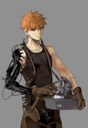 Rule 34 | 1boy, black tank top, crimo, disembodied hand, emiya shirou, eyeball, fate/stay night, fate (series), gears, gloves, grey background, looking at viewer, machinery, orange hair, prosthesis, prosthetic arm, simple background, solo, tank top, tattoo, tube, upper body, yellow eyes