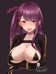 Rule 34 | 1girl, arms under breasts, bikini, black bikini, blazer, blush, breasts, character name, cropped torso, dated, embarrassed, girls&#039; frontline, gloves, hair ribbon, half updo, hiruno, jacket, large breasts, long hair, looking at viewer, micro bikini, one side up, open mouth, purple hair, red eyes, ribbon, signature, simple background, solo, sweatdrop, swimsuit, tearing up, very long hair, wa2000 (girls&#039; frontline)