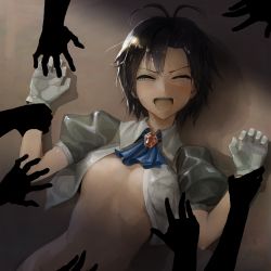 Rule 34 | 1girl, :d, antenna hair, areola slip, arm grab, bad id, bad pixiv id, black hair, blush, closed eyes, expressions, eyehead, gloves, highres, holding another&#039;s wrist, idolmaster, idolmaster (classic), imminent rape, kikuchi makoto, open mouth, out of frame, sexually suggestive, short hair, smile, solo focus, sweat, tears, tickling, tickling arms, tickling stomach, white gloves