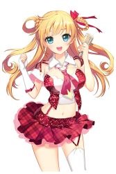 Rule 34 | 1girl, :d, blonde hair, blue eyes, braid, braided hair rings, elbow gloves, fingerless gloves, garter straps, glitter, gloves, hair rings, highres, holding, holding microphone, long hair, looking at viewer, lucy (soccer spirits), microphone, midriff, navel, official art, open mouth, pink skirt, plaid, plaid skirt, shirahane nao, single glove, single thighhigh, skirt, smile, soccer spirits, solo, standing, thighhighs, transparent background, white thighhighs