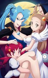 Rule 34 | 3girls, angel, angel and devil, angel wings, bare arms, bare legs, bat wings, black wings, blue eyes, blue hair, breasts, brown eyes, brown hair, cape, clair (pokemon), cloud, creatures (company), crossed legs, demon girl, demon horns, demon tail, demon wings, dress, eyelashes, fangs, feathered wings, fingernails, full moon, game freak, gen 1 pokemon, gym leader, hair ornament, halloween, halloween costume, high ponytail, highres, horns, jasmine (pokemon), jewelry, juliet sleeves, long hair, long sleeves, magnemite, mini wings, moon, multiple girls, necklace, nintendo, poke ball, pokemon, pokemon (creature), pokemon hgss, ponytail, puffy sleeves, red eyes, red hair, short sleeves, short twintails, sitting, smile, standing, tail, twintails, vampire, vivivoovoo, white dress, white wings, whitney (pokemon), wings