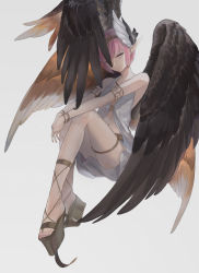 Rule 34 | 1girl, bare shoulders, bracelet, circe (fate), circlet, closed mouth, commentary request, fate/grand order, fate (series), grey background, hands on own knees, invisible chair, jewelry, kachi, looking at viewer, one eye covered, pink eyes, pink hair, plantar flexion, platform footwear, pointy ears, sandals, short hair, simple background, sitting, solo, vest, winged hair ornament, wings