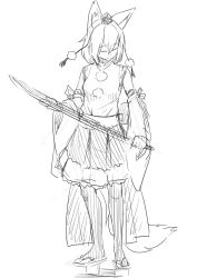 Rule 34 | 1girl, absurdres, animal ear fluff, animal ears, breasts, closed eyes, closed mouth, detached sleeves, female focus, frilled skirt, frills, full body, geta, greyscale, hands up, happy, hat, highres, holding, holding sword, holding weapon, inubashiri momiji, kame (3t), long sleeves, mini hat, miniskirt, monochrome, pantyhose, pom pom (clothes), sandals, shirt, shirt tucked in, short hair, sidelocks, sketch, skirt, sleeveless, sleeveless shirt, small breasts, smile, solo, standing, sword, tail, tengu-geta, tokin hat, touhou, weapon, wide sleeves, wolf ears, wolf girl, wolf tail