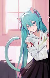 Rule 34 | 1girl, absurdres, animal ears, aqua eyes, aqua hair, black skirt, cat ears, cat girl, cat tail, commentary, detached sleeves, drawstring, english commentary, hair between eyes, hatsune miku, highres, hood, hood down, hoodie, kemonomimi mode, lavelis, long hair, looking at viewer, peeking out, skirt, solo, tail, twintails, very long hair, vocaloid, white hoodie