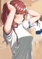 Rule 34 | 1girl, absurdres, arms behind head, ball, basketball, basketball (object), blush, breasts, brown hair, gym, gym uniform, heavy breathing, highres, idolmaster, idolmaster shiny colors, long hair, looking at viewer, medium breasts, open mouth, osaki amana, short sleeves, solo, sweat, swept bangs, tying hair, wanimaru, yellow eyes