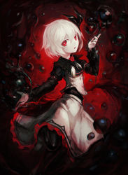 1girl alternate_color arm_strap ascot black_pantyhose darkness female_focus gradient_background hair_ribbon highres juliet_sleeves long_sleeves looking_at_viewer pantyhose puffy_sleeves red_eyes ribbon rumia shirt silver_hair skirt skirt_set solo spark621 touhou vest