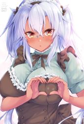 Rule 34 | 1girl, absurdres, alternate costume, apron, breasts, brown apron, brown eyes, dark-skinned female, dark skin, dress, green dress, grey hair, hair between eyes, heart, heart-shaped boob challenge, heart hands, highres, kantai collection, large breasts, maid, maid day, maid headdress, mashiro yukiya, musashi (kancolle), musashi kai ni (kancolle), short sleeves, solo, striped clothes, striped dress, twintails, upper body, vertical-striped clothes, vertical-striped dress