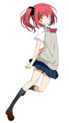 Rule 34 | 1girl, ascot, character request, hair ornament, hairclip, kneehighs, koto (colorcube), looking at viewer, pleated skirt, red hair, school uniform, scrunchie, serafuku, side ponytail, skirt, socks, solo, sweater vest, yellow eyes