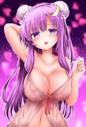 Rule 34 | 1girl, arm behind back, babydoll, bare shoulders, blunt bangs, breasts, bun cover, cleavage, collarbone, colorized, crescent, crescent hair ornament, double bun, gradient background, hair bun, hair ornament, hand up, head tilt, highres, kitora (kisekinonameko), large breasts, lips, long hair, maturiuta sorato, navel, nipples, open mouth, patchouli knowledge, purple background, purple eyes, purple hair, red ribbon, ribbon, see-through, shiny skin, solo, touhou, upper body