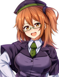 Rule 34 | 1girl, alternate costume, bespectacled, blush, breasts, brown eyes, buttons, commentary request, cowboy shot, fate/grand order, fate (series), fujimaru ritsuka (female), glasses, green necktie, hat, kuragari, long hair, long sleeves, looking at viewer, medium breasts, necktie, open mouth, orange hair, scrunchie, side ponytail, solo