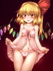 Rule 34 | 1girl, :d, babydoll, bare arms, bare shoulders, blonde hair, bow, bow panties, breasts, cleavage, collarbone, commentary request, cowboy shot, crystal, fang, flandre scarlet, gluteal fold, gradient background, hair between eyes, highres, lifted by self, long hair, looking at viewer, marukyuu ameya, nail polish, navel, no headwear, open mouth, panties, pink panties, red background, red eyes, red nails, side-tie panties, side ponytail, small breasts, smile, solo, standing, stomach, thighs, touhou, underwear, underwear only, wings