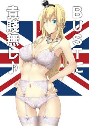 Rule 34 | 1girl, blue eyes, bra, braid, breasts, cleavage, crown, flag, flag background, french braid, garter belt, garter straps, hands on own hips, highres, jewelry, kantai collection, kuurunaitsu, lace, lace-trimmed bra, lace-trimmed panties, lace trim, large breasts, long hair, mini crown, necklace, one eye closed, panties, simple background, smile, solo, thighhighs, translation request, underwear, union jack, warspite (kancolle), white bra, white panties