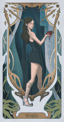 1girl art_nouveau black_nails blue_dress brown_hair character_name closed_mouth commentary debbysheen dress earrings heart high_heels highres holding holding_heart jewelry k-pop long_hair numbered real_life red_lips red_velvet_(group) single_bare_shoulder solo very_long_sleeves wendy_(red_velvet)