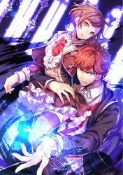 Rule 34 | 10s, 1boy, 1girl, arm around waist, blue eyes, brooch, brother and sister, brown hair, buttons, carrying, closed mouth, collared shirt, cousins, cropped jacket, cross, cross necklace, dance with devils, dress, electricity, formal, frills, hair ornament, hairclip, hand on another&#039;s shoulder, head tilt, hetero, jacket, jewelry, long sleeves, looking at viewer, necklace, parted lips, pekoo (pekota), red hair, school uniform, shirt, short hair, siblings, tachibana lindo, tachibana ritsuka, thighhighs, zettai ryouiki