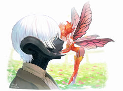 Rule 34 | 1girl, 1other, apple brk, au ra, black skin, colored skin, detached sleeves, dragon horns, fairy, fairy wings, feo ul, final fantasy, final fantasy xiv, horns, kiss, kissing nose, mini person, minigirl, red hair, short hair, size difference, smile, twintails, warrior of light (ff14), white hair, wings