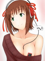 Rule 34 | 1girl, amami haruka, between breasts, breasts, brown hair, cable, censored, cleavage, collarbone, convenient censoring, digital media player, gradient background, green eyes, hair ribbon, head tilt, headphones, idolmaster, idolmaster (classic), large breasts, looking away, musical note, no bra, object on breast, off shoulder, quaver, ribbon, short hair, spoken musical note, sweater, tengu (tetuo kun), wire
