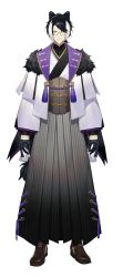 Rule 34 | 1boy, animal ears, bespectacled, black fur, black gloves, black hair, black shirt, boots, brown footwear, capelet, corset, cross-laced footwear, full body, fur-trimmed capelet, fur trim, glasses, gloves, gold trim, gradient clothes, gradient hakama, grey hakama, hakama, half gloves, high collar, highres, holostars, jackal boy, jackal ears, jackal tail, japanese clothes, kageyama shien, kimono, lace-up boots, lapels, long sleeves, looking at viewer, male focus, multicolored clothes, multicolored hair, multicolored kimono, namakawa, official art, purple ribbon, ribbon, serious, shirt, short ponytail, simple background, solo, standing, straight-on, streaked hair, swept bangs, tail, tassel, transparent background, two-tone hair, virtual youtuber, white capelet, white hair, white kimono, yellow eyes