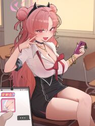 Rule 34 | 1girl, areola slip, bare legs, black choker, blue archive, blush, bracelet, breasts, cellphone, chat log, choker, classroom, collarbone, curly hair, double bun, fang, gyaru, hair bun, halo, highres, holding, holding phone, horns, jewelry, kirara (blue archive), large breasts, long hair, looking at viewer, necklace, open mouth, paid reward available, phone, fake phone screenshot, pink hair, red eyes, shirt, sitting, skirt, smartphone, smile, solo focus, text messaging, v, very long hair, white shirt, yzr (yzr99)