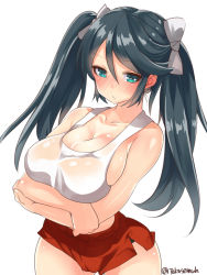 Rule 34 | 1girl, blue hair, blush, bow, breast hold, breasts, cleavage, collarbone, commentary request, cowboy shot, crossed arms, full-face blush, green eyes, hair between eyes, hair bow, highres, huge breasts, isuzu (kancolle), kantai collection, long hair, looking at viewer, red shorts, see-through, shiny skin, shirt, short shorts, shorts, solo, standing, swept bangs, takase muh, tank top, twintails, twitter username, white background, white bow, white shirt