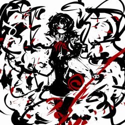 Rule 34 | 1girl, abstract, bad id, bad pixiv id, black hair, f7(eiki), female focus, houjuu nue, monochrome, polearm, red eyes, short hair, solo, spear, speed painting, touhou, trident, weapon, wings