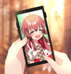 Rule 34 | 1girl, 1other, :d, = =, ahoge, blurry, blurry background, blush, cellphone, cellphone photo, depth of field, gloves, hand focus, highres, idol, idolmaster, idolmaster shiny colors, komiya kaho, open mouth, phone, fake phone screenshot, red hair, smile, sunyack, upper body, w, white gloves
