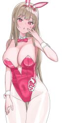 Rule 34 | 1girl, :o, animal ears, bare shoulders, bowtie, breasts, cleavage, covered navel, detached collar, fake animal ears, fake tail, goddess of victory: nikke, hand on own face, highleg, highleg leotard, horns, large breasts, leotard, light blush, light brown hair, long hair, looking at viewer, official alternate costume, pantyhose, parted lips, peroinnu, pink bow, pink bowtie, pink horns, pink leotard, playboy bunny, rabbit ears, rabbit tail, red eyes, solo, strapless, strapless leotard, tail, viper (nikke), viper (toxic rabbit) (nikke), white pantyhose, wrist cuffs