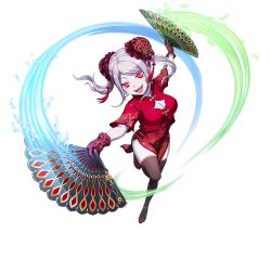 Rule 34 | 1girl, china dress, chinese clothes, dress, hand fan, official art, overlord (maruyama), red eyes, shalltear bloodfallen, solo, tagme, transparent background, vampire, white hair
