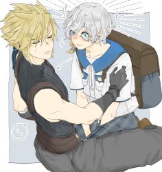 Rule 34 | 2boys, backpack, bag, bandaged arm, bandages, belt, between legs, blonde hair, blue collar, blue shirt, blush, border, chadley (ff7), closed eyes, cloud strife, collar, facing away, fe79793, final fantasy, final fantasy vii, final fantasy vii remake, gloves, grey background, grey eyes, grey gloves, grey hair, grey pants, hair between eyes, hand between legs, hand on another&#039;s shoulder, highres, indian style, looking at another, male focus, monocle, multiple boys, pants, plaid, plaid shorts, shirt, short hair, short sleeves, shorts, sitting, sitting on lap, sitting on person, sleeveless, sleeveless turtleneck, sparkle, spiked hair, suspenders, sweatdrop, turtleneck, wavy hair, white shirt, wide-eyed, yaoi