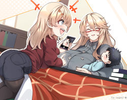 Rule 34 | 1boy, 2girls, ambiguous gender, black hair, blonde hair, blush, book, breasts, buttons, cellphone, child, closed eyes, commission, family, glasses, grey eyes, grey shirt, hair ornament, hairclip, highres, huge breasts, iowa (kancolle), kantai collection, konoshige (ryuun), kotatsu, large breasts, long hair, looking at another, messy hair, mother and child, mother and daughter, multiple girls, open mouth, pantyhose, phone, red-framed eyewear, shirt, short hair, sidelocks, skeb commission, smartphone, smile, table, taking picture