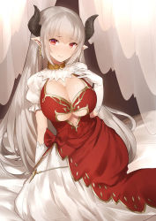 Rule 34 | 10s, 1girl, alicia (granblue fantasy), blush, breasts, center opening, cleavage, clothing cutout, cross, cross earrings, draph, dress, earrings, gloves, granblue fantasy, horns, jewelry, large breasts, layered dress, long hair, looking at viewer, pointy ears, red dress, red eyes, silver hair, sitting, smile, solo, underboob, underboob cutout, very long hair, white dress, white gloves, yaman (yamanta lov)