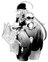 Rule 34 | 3boys, ahoge, alternate costume, arm at side, bag, baseball cap, black pants, casual, glasses, greyscale, halftone texture, hand on own chin, handbag, hat, headwear request, holding, holding newspaper, hood, hood down, hoodie, huge ahoge, hunched over, hypnosis mic, izanami hifumi, kannonzaka doppo, long hair, looking to the side, male focus, matenro (hypnosis mic), miyuki (10 th), monochrome, multiple boys, newspaper, pants, profile, simple background, skullcap, spyglass, standing, sunglasses, sweatdrop, thinking, very long hair, white background