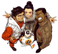Rule 34 | 1girl, 2boys, animification, bb-8, beard stubble, black pants, black shirt, blush, brown jacket, clenched hand, clenched teeth, commentary, double v, eyelashes, facial hair, finn (star wars), from above, hair bun, hand on own hip, jacket, jedi, kotteri, long sleeves, looking at viewer, multiple boys, orange jacket, orange pants, pants, poe dameron, profile, rey (star wars), robot, shirt, shoes, short hair, simple background, smile, star wars, star wars: the force awakens, stubble, teeth, v, vest, white background, white vest