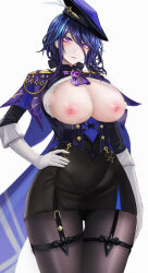 Rule 34 | 1girl, absurdres, ascot, black corset, black pantyhose, black skirt, blue cape, blue hair, blue hat, breasts, breasts out, cape, clorinde (genshin impact), corset, dark blue hair, elbow gloves, epaulettes, genshin impact, gloves, hand on own hip, hat, hat feather, high-waist skirt, highres, lactation, large breasts, long hair, looking at viewer, low ponytail, minuolin, nipples, pantyhose, purple eyes, shirt, skirt, solo, tricorne, very long hair, vision (genshin impact), white background, white gloves, white shirt