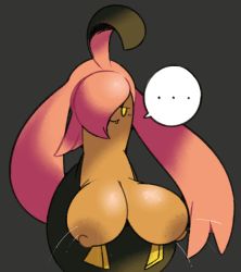 Rule 34 | ..., 1girl, ahoge, black background, black hair, blush, breasts, closed mouth, creatures (company), fang, female focus, game freak, gen 6 pokemon, gourgeist, hair over one eye, half-closed eyes, happy, jitome, lactation, large areolae, large breasts, light blush, long hair, multicolored hair, nintendo, nipples, pink hair, pokemon, pokemon (creature), simple background, smile, solo, speech bubble, spoken ellipsis, twintails, two-tone hair, very long hair, vilepluff, yellow eyes